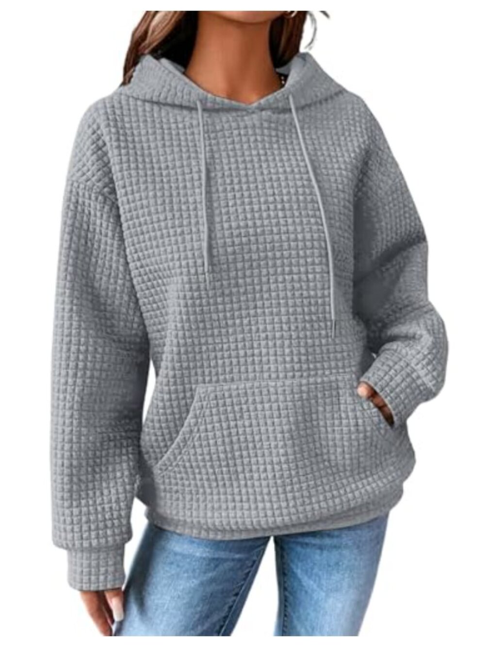 Waffle Knit Hooded Pullover Sweatshirt Drawstring Oversized